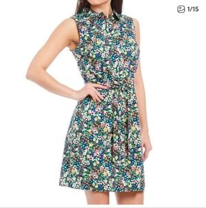 Tommy Hilfiger Sleeveless Cotton Floral Belted Shirt dress